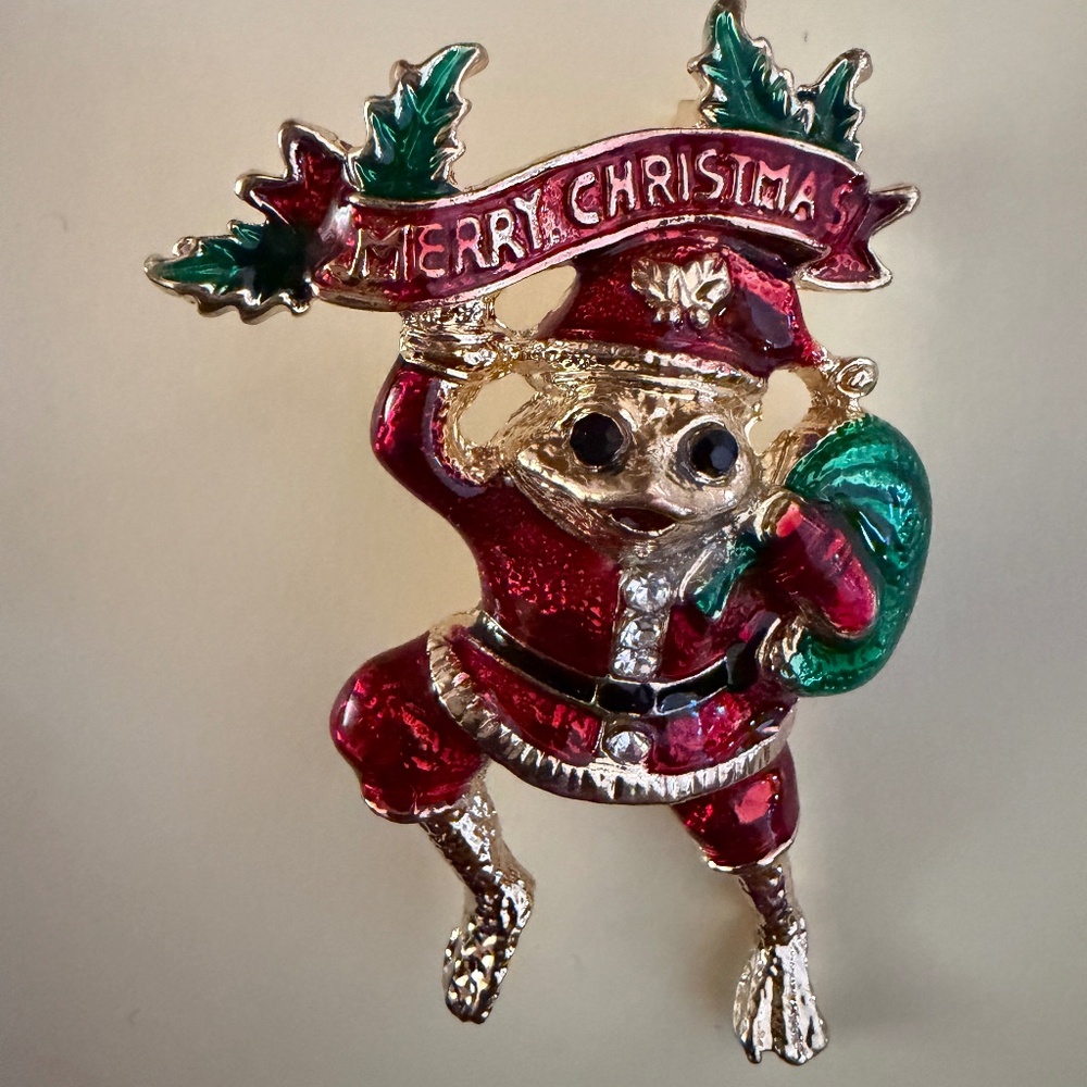 Christmas Pin Frog Dressed as Santa Claus Merry Christmas Banner